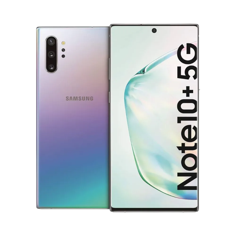 Samsung Galaxy Note 10 Plus 5G argent dégradé, vue avant avec marquage Note10+ 5G et dos brillant avec triple caméra verticale, smartphone présenté pour réparation chez iTelier Lyon : remplacement écran incurvé, batterie, vitre arrière, diagnostic gratuit et service rapide.