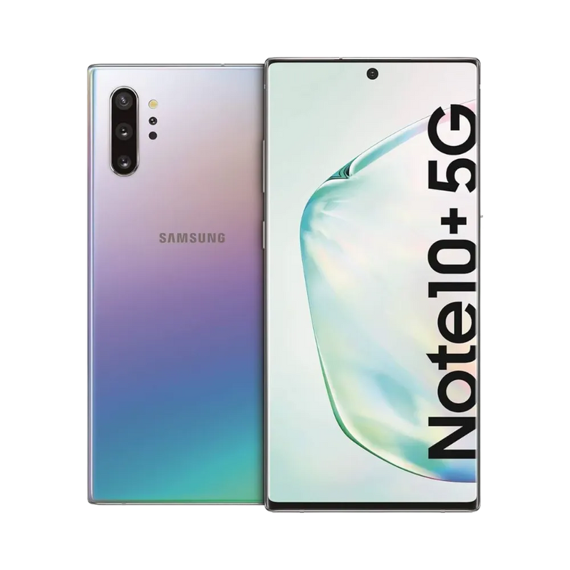 Samsung Galaxy Note 10 Plus 5G argent dégradé, vue avant avec marquage Note10+ 5G et dos brillant avec triple caméra verticale, smartphone présenté pour réparation chez iTelier Lyon : remplacement écran incurvé, batterie, vitre arrière, diagnostic gratuit et service rapide.