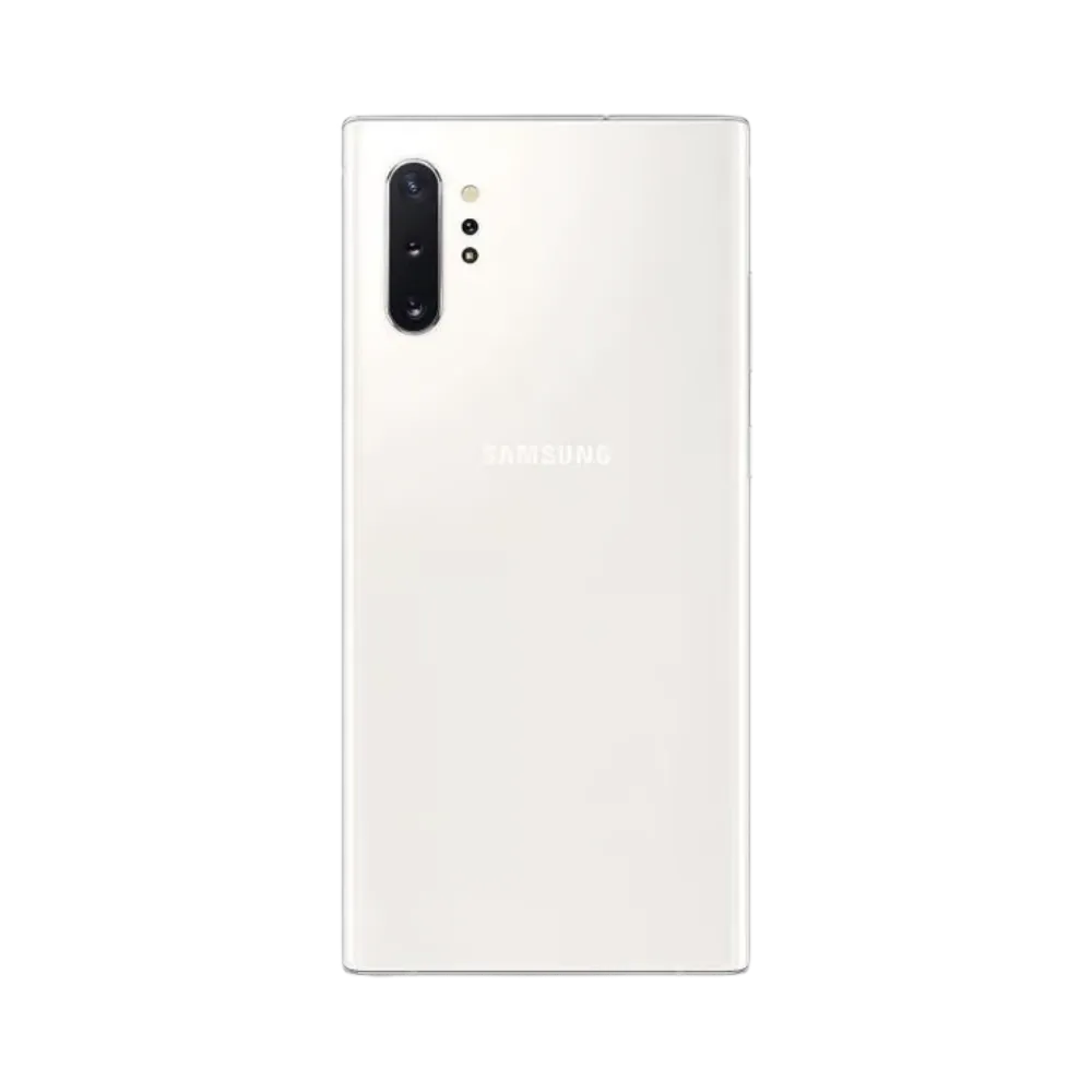 Dos du Samsung Galaxy Note 10 blanc nacré, triple caméra verticale avec flash ; visuel pour iTelier Lyon : remplacement vitre arrière, batterie, connecteur USB-C ; diagnostic gratuit et garantie 1 an.