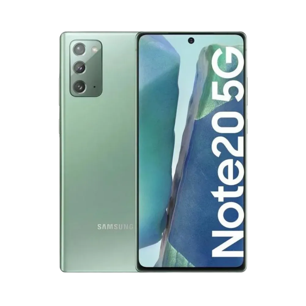 Samsung Galaxy Note 20 5G vert, vue avant avec marquage Note 20 5G et dos mat équipé d’un triple module photo vertical, smartphone présenté pour réparation chez iTelier Lyon : remplacement écran, batterie, vitre arrière, diagnostic gratuit et service rapide garanti.