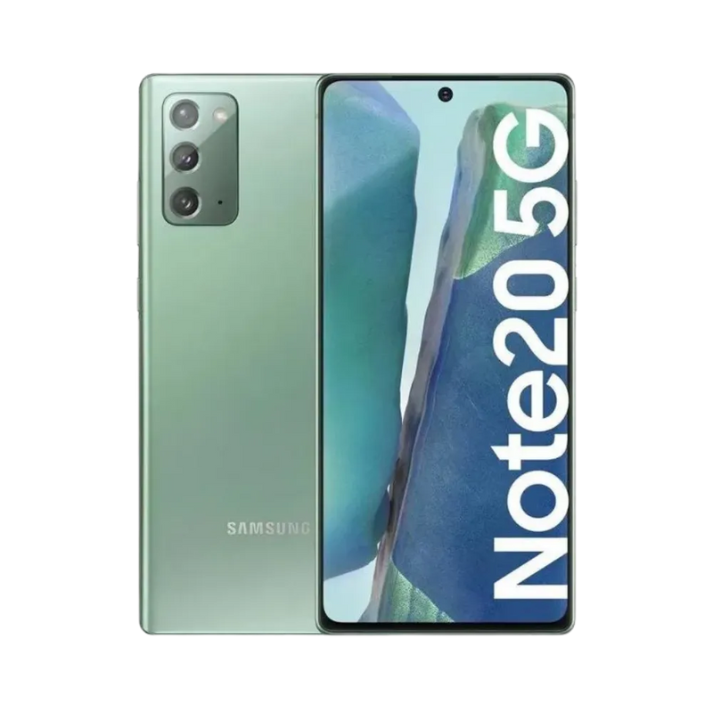 Samsung Galaxy Note 20 5G vert, vue avant avec marquage Note 20 5G et dos mat équipé d’un triple module photo vertical, smartphone présenté pour réparation chez iTelier Lyon : remplacement écran, batterie, vitre arrière, diagnostic gratuit et service rapide garanti.