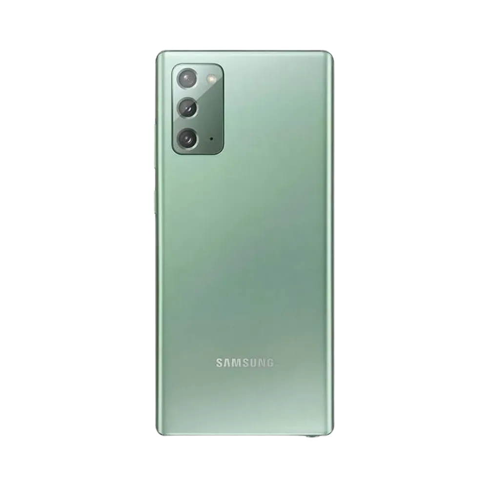 Dos du Samsung Galaxy Note 20 5G vert mat, triple caméra verticale avec flash intégré, smartphone présenté pour réparation chez iTelier Lyon : remplacement vitre arrière, batterie, diagnostic gratuit et service garanti 1 an.