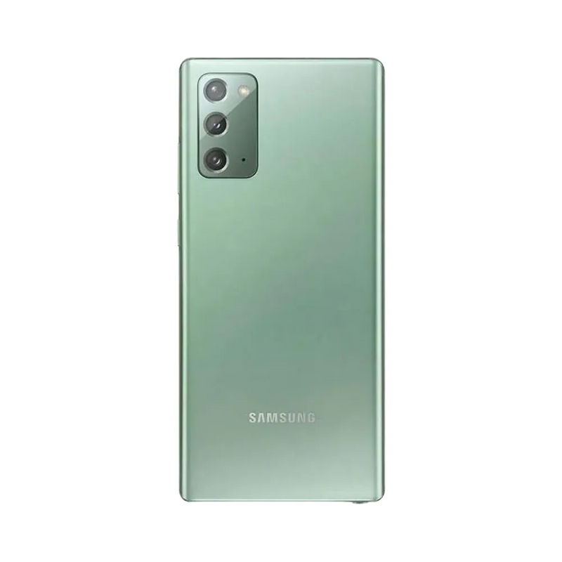 Dos du Samsung Galaxy Note 20 5G vert mat, triple caméra verticale avec flash intégré, smartphone présenté pour réparation chez iTelier Lyon : remplacement vitre arrière, batterie, diagnostic gratuit et service garanti 1 an.