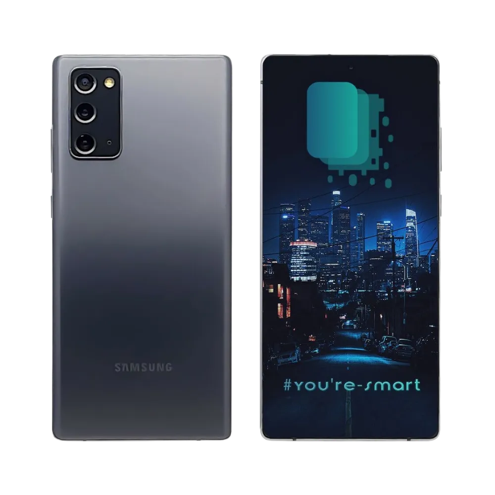 Deux Samsung Galaxy Note 20 gris côte à côte, écran allumé sur l’un et dos visible sur l’autre, visuels pour réparation chez iTelier Lyon : écran, batterie, connecteur de charge, diagnostic gratuit, service express.