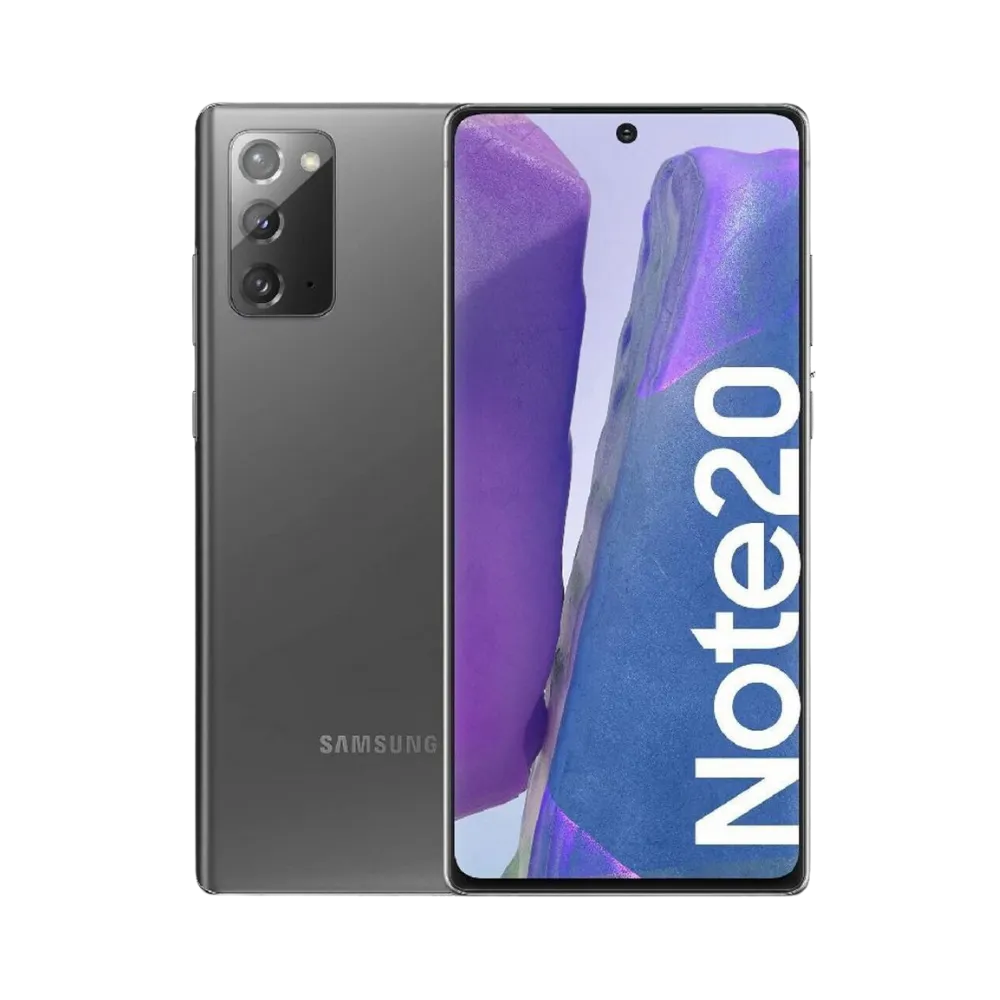 Samsung Galaxy Note 20 gris, vue avant avec écran lumineux et dos mat à triple caméra verticale, présenté pour réparation chez iTelier Lyon : remplacement écran, batterie, vitre arrière, diagnostic gratuit et service rapide garanti.