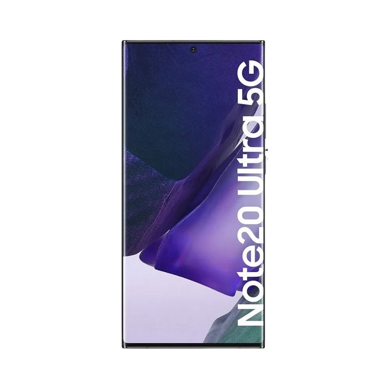 Face avant du Samsung Galaxy Note 20 Ultra 5G noir, écran lumineux affichant Note 20 Ultra 5G, modèle destiné à la réparation chez iTelier Lyon : changement écran original, diagnostic offert, réparation express avec pièces garanties.