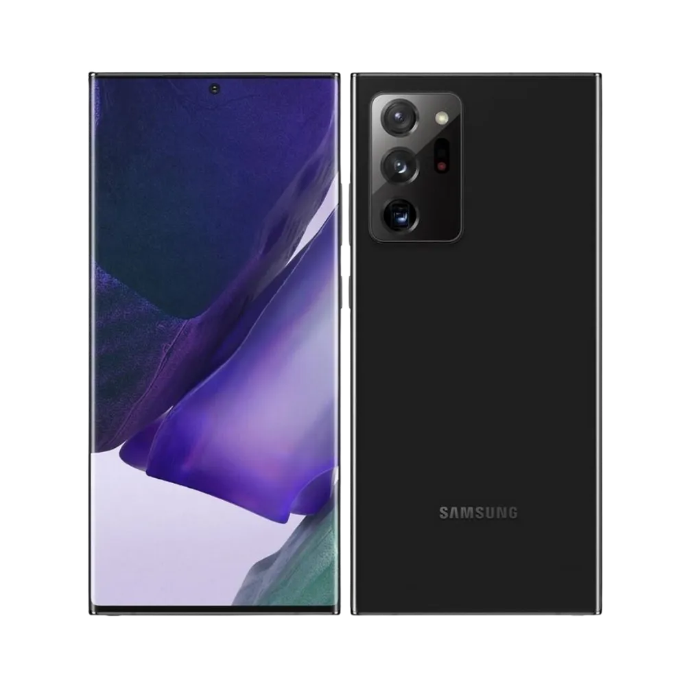 Vue latérale du Samsung Galaxy Note 20 Ultra 5G noir, design fin et élégant, smartphone présenté pour réparation chez iTelier Lyon : remplacement écran incurvé, batterie, connecteur de charge, diagnostic gratuit et service express.