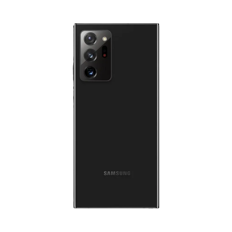 Dos du Samsung Galaxy Note 20 Ultra 5G noir brillant, grand module photo rectangulaire avec trois capteurs et flash, smartphone présenté pour réparation chez iTelier Lyon : remplacement vitre arrière, batterie, diagnostic gratuit et service garanti 1 an.