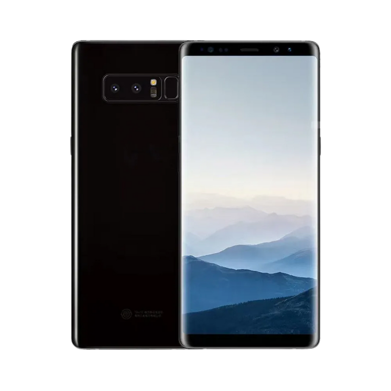 Samsung Galaxy Note 8 noir, affiché de face et de dos : grand écran AMOLED incurvé, double caméra horizontale avec lecteur d’empreintes à l’arrière. Service iTelier Lyon : remplacement écran cassé, batterie fatiguée, vitre arrière brisée. Diagnostic gratuit, pièces garanties 1 an.