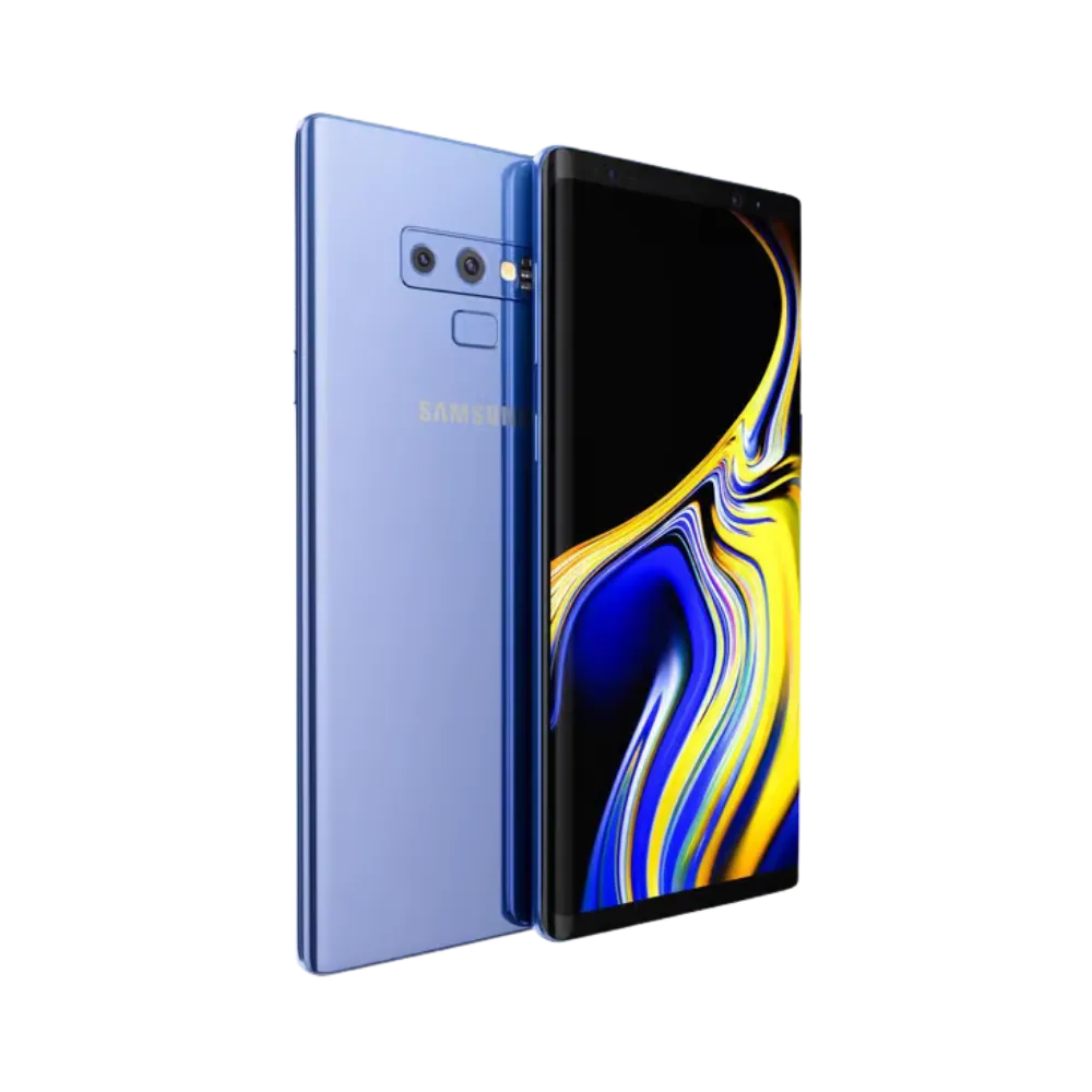 Galaxy Note 9 bleu en vue oblique, écran lumineux avec bordures fines incurvées. Réparation iTelier Lyon : changement écran OLED, test complet, remplacement batterie ou connecteur de charge. Diagnostic gratuit et réparation rapide avec pièces certifiées.