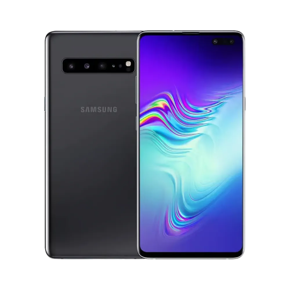 Samsung Galaxy S10 5G noir, affiché de face avec écran AMOLED incurvé et poinçon double caméra, et de dos avec quadruple module photo horizontal. Réparations iTelier Lyon : remplacement écran, vitre arrière, batterie, diagnostic gratuit en boutique ou par colis.