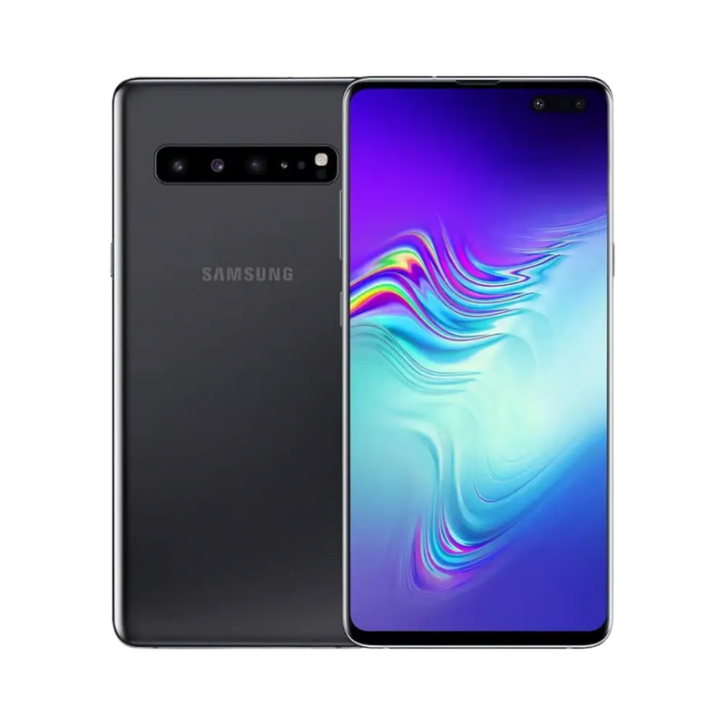 Samsung Galaxy S10 5G noir, affiché de face avec écran AMOLED incurvé et poinçon double caméra, et de dos avec quadruple module photo horizontal. Réparations iTelier Lyon : remplacement écran, vitre arrière, batterie, diagnostic gratuit en boutique ou par colis.