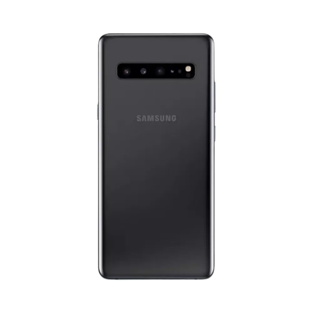 Arrière du Samsung Galaxy S10 5G noir avec finition mate et quadruple caméra horizontale. Atelier iTelier Lyon : remplacement vitre arrière, réparation appareil photo, changement batterie. Diagnostic offert et réparations rapides à Lyon 6.
