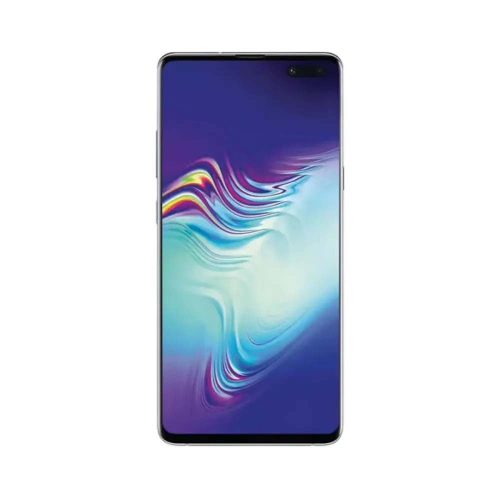 Face avant du Galaxy S10 5G noir avec dalle AMOLED incurvée et double poinçon caméra. iTelier Lyon : réparation écran brisé, tactile défectueux, nappe d’affichage. Service express avec pièces Samsung garanties 1 an.