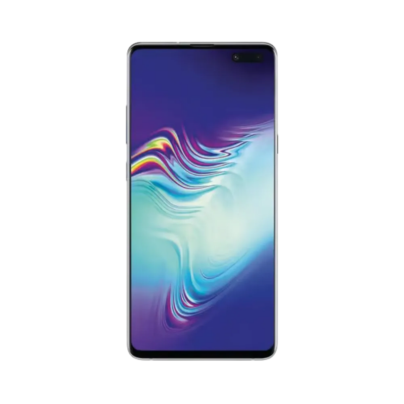 Face avant du Galaxy S10 5G noir avec dalle AMOLED incurvée et double poinçon caméra. iTelier Lyon : réparation écran brisé, tactile défectueux, nappe d’affichage. Service express avec pièces Samsung garanties 1 an.