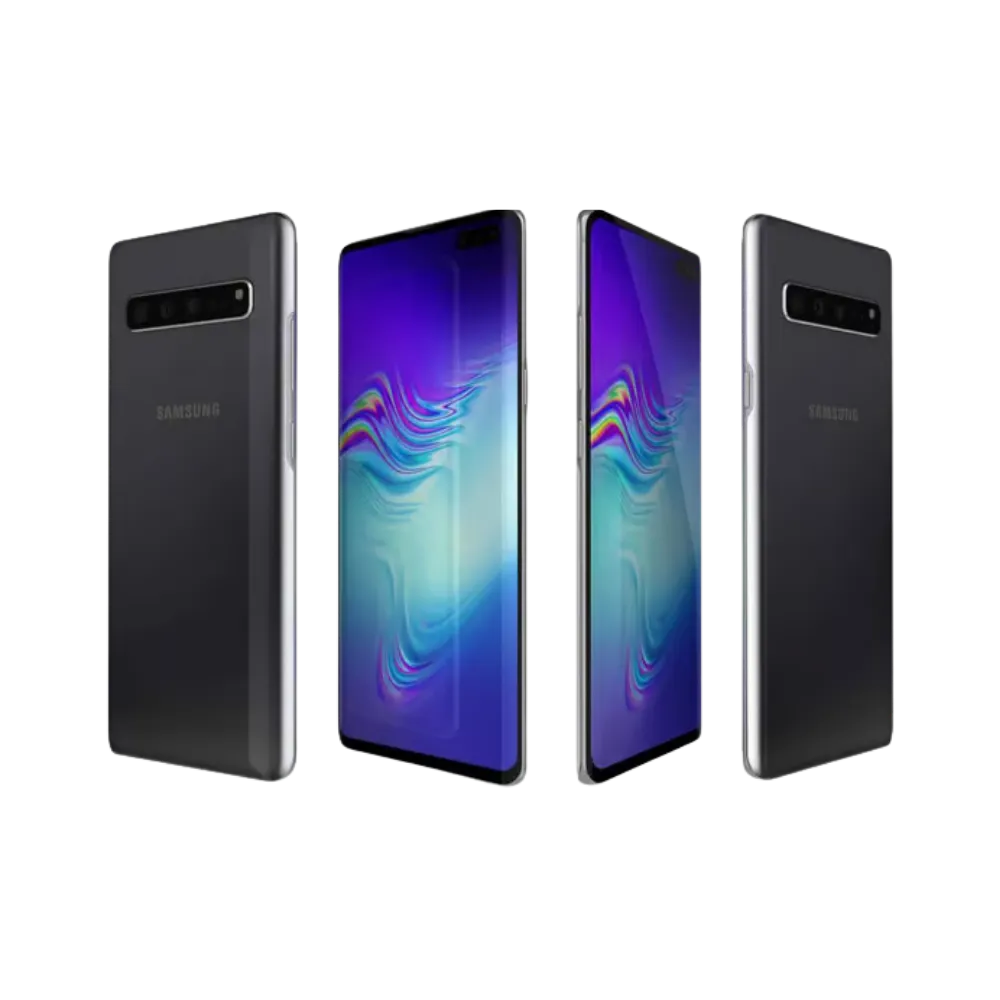 Vue groupée du Galaxy S10 5G noir montrant plusieurs appareils sous différents angles (avant, arrière, profil). iTelier Lyon : réparation complète écran, batterie, vitre arrière et caméra. Service local et envoi national sécurisé.