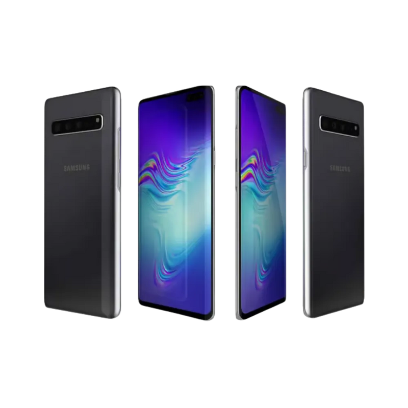 Vue groupée du Galaxy S10 5G noir montrant plusieurs appareils sous différents angles (avant, arrière, profil). iTelier Lyon : réparation complète écran, batterie, vitre arrière et caméra. Service local et envoi national sécurisé.