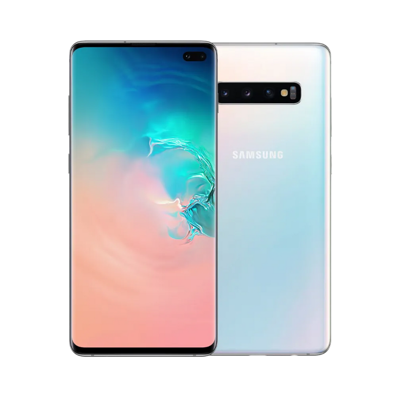 Samsung Galaxy S10 blanc nacré, affiché de face avec écran AMOLED incurvé et poinçon caméra, et de dos avec triple module photo horizontal. Réparations iTelier Lyon : écran OLED cassé, vitre arrière, batterie, diagnostic gratuit en boutique ou par envoi postal.