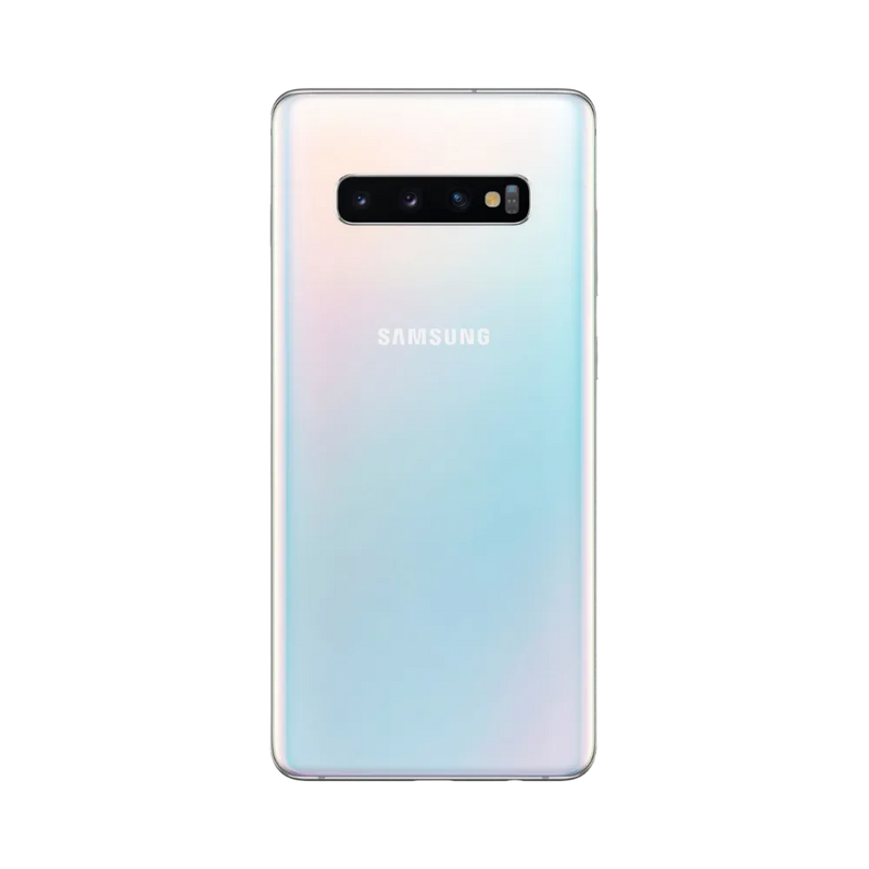 Arrière du Samsung Galaxy S10 blanc nacré avec finition brillante et triple caméra horizontale avec flash. Atelier iTelier Lyon : remplacement vitre arrière, réparation module photo, changement batterie. Diagnostic offert et intervention rapide.