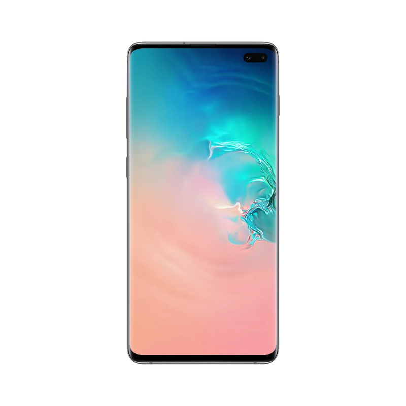 Face avant du Galaxy S10 blanc, dalle AMOLED incurvée avec poinçon caméra discret. iTelier Lyon : remplacement écran fissuré, tactile hors service, nappe interne. Réparations express avec pièces d’origine garanties 1 an.