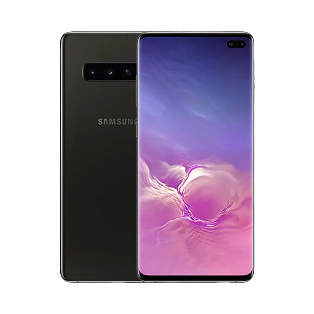 Samsung Galaxy S10 Plus noir, affiché de face avec écran AMOLED incurvé et poinçon double caméra, et de dos avec triple module photo horizontal. iTelier Lyon : remplacement écran original, vitre arrière, batterie. Diagnostic gratuit en boutique ou par envoi sécurisé.