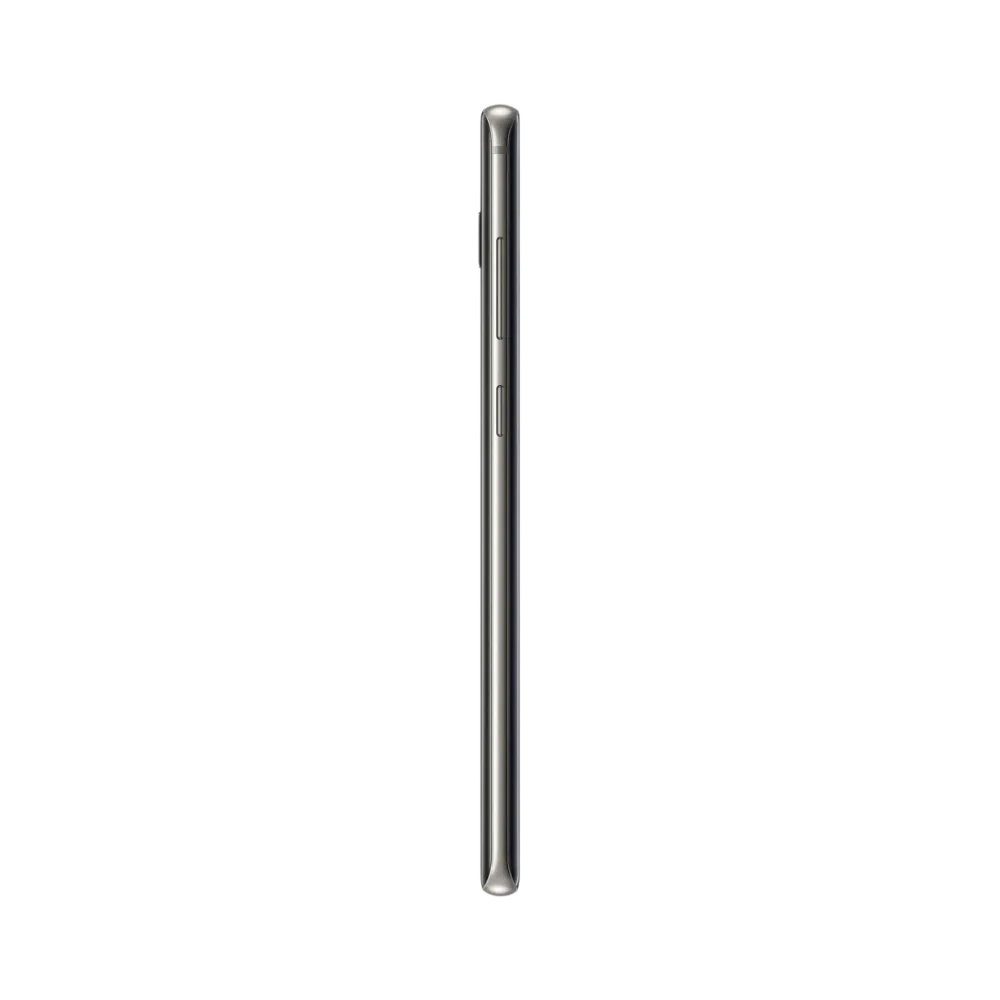 Profil du Samsung Galaxy S10 Plus noir, tranche métallique avec boutons d’alimentation et volume. Réparation iTelier Lyon : écran AMOLED incurvé, connecteur USB-C, boutons latéraux. Garantie 1 an et prise en charge rapide en boutique ou par correspondance.