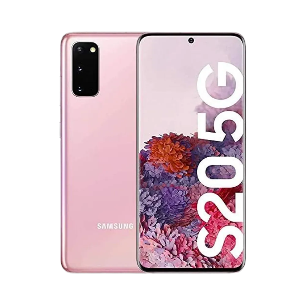 Samsung Galaxy S20 5G rose, affiché de face avec écran AMOLED poinçonné et de dos avec triple caméra verticale. iTelier Lyon : remplacement écran fissuré, vitre arrière, batterie, module photo. Diagnostic gratuit en boutique Lyon 6 ou par envoi sécurisé.