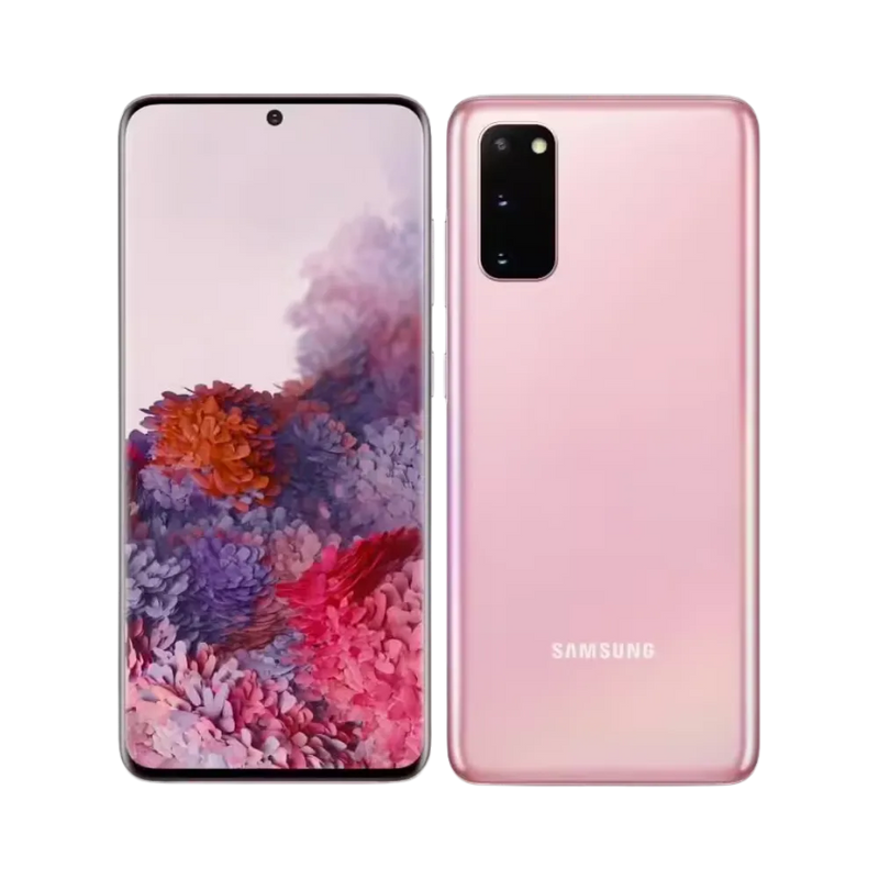 Galaxy S20 5G rose vu en perspective arrière, design raffiné et bloc photo mis en évidence. Réparations iTelier Lyon : vitre arrière, connecteur USB-C, haut-parleur interne. Service professionnel rapide à Lyon et par correspondance nationale.