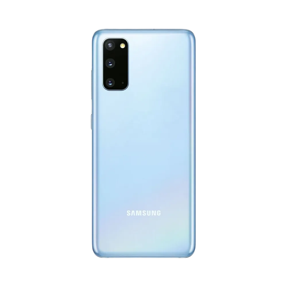 Dos du Samsung Galaxy S20 bleu nacré, finition brillante avec triple caméra verticale et flash dans un bloc noir. Service iTelier Lyon : remplacement vitre arrière en verre, réparation caméra, changement batterie. Devis immédiat.