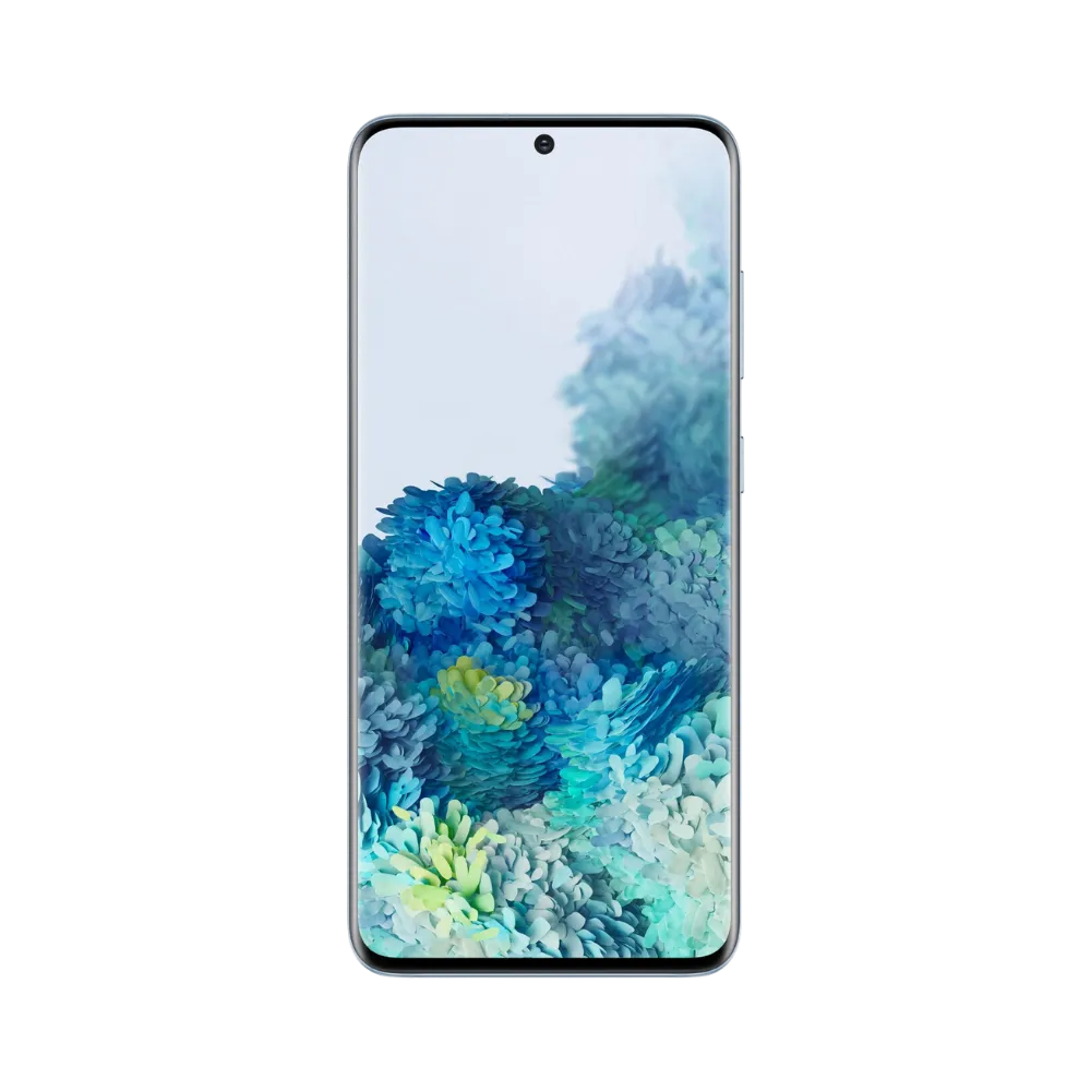 Face avant du Galaxy S20 bleu, dalle AMOLED lumineuse avec poinçon central et fond floral/bleu. iTelier Lyon : changement d’écran d’origine, test tactile complet, intervention rapide en boutique ou par correspondance.