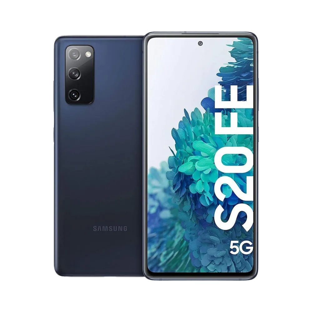 Samsung Galaxy S20 FE 5G bleu, affiché de face avec écran AMOLED poinçonné et de dos avec triple caméra verticale. Réparations iTelier Lyon : remplacement écran, vitre arrière, batterie, caméra. Diagnostic gratuit en boutique Lyon 6 ou par envoi postal.