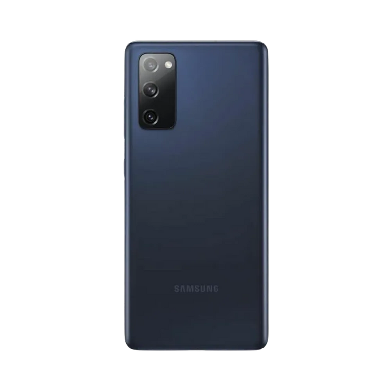 Arrière du Galaxy S20 FE 5G bleu avec finition mate et triple module photo vertical. Atelier iTelier Lyon : remplacement vitre arrière brisée, caméra endommagée, batterie gonflée. Diagnostic offert et réparations rapides à Lyon.