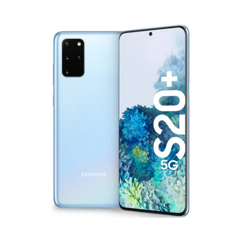 Samsung Galaxy S20+ 5G bleu, affiché de face avec écran AMOLED bord à bord et de dos avec triple caméra verticale. Réparations iTelier Lyon : remplacement écran fissuré, vitre arrière, batterie, diagnostic gratuit en boutique ou par envoi national.