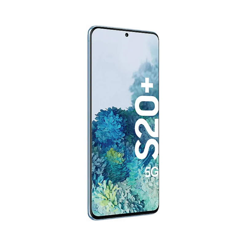 Samsung Galaxy S20+ 5G bleu vu de trois-quarts arrière, design élégant et bloc photo mis en avant. Réparations iTelier Lyon : vitre arrière fissurée, haut-parleur, connecteur de charge. Service local rapide ou envoi sécurisé en France.