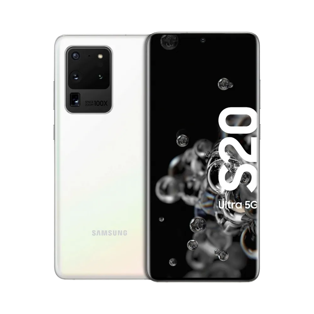 Samsung Galaxy S20 Ultra blanc, affiché de face avec écran AMOLED bord à bord et de dos avec grand bloc photo rectangulaire à quatre capteurs. iTelier Lyon : réparation écran, vitre arrière, module caméra, diagnostic gratuit en boutique ou par correspondance.