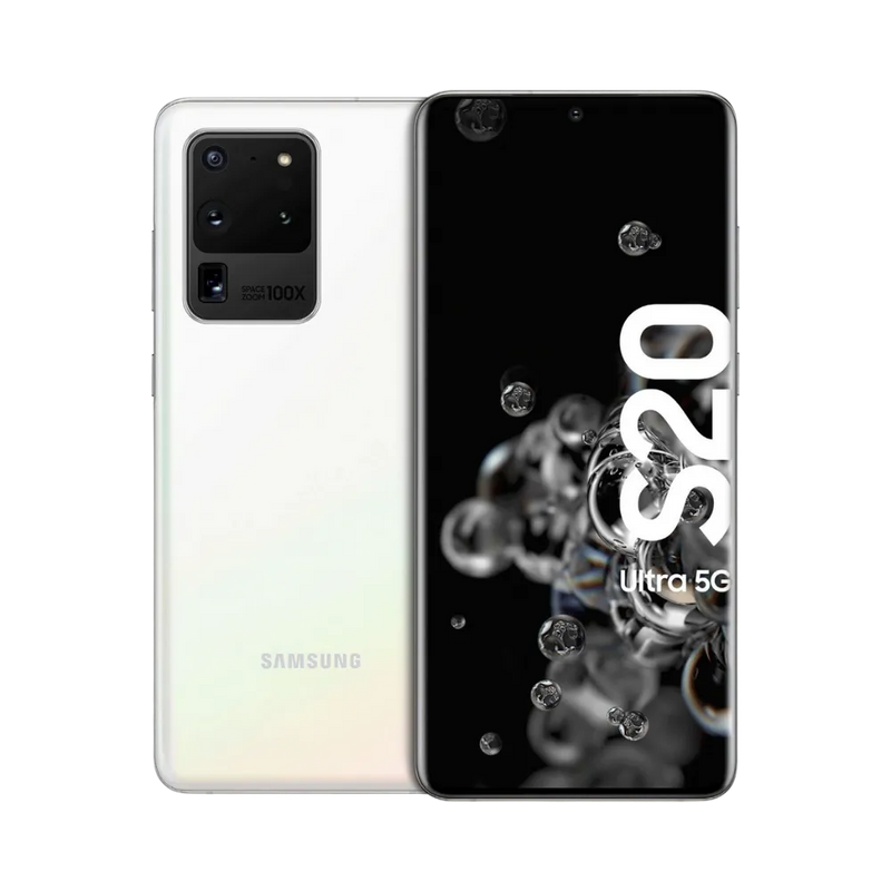 Samsung Galaxy S20 Ultra blanc, affiché de face avec écran AMOLED bord à bord et de dos avec grand bloc photo rectangulaire à quatre capteurs. iTelier Lyon : réparation écran, vitre arrière, module caméra, diagnostic gratuit en boutique ou par correspondance.
