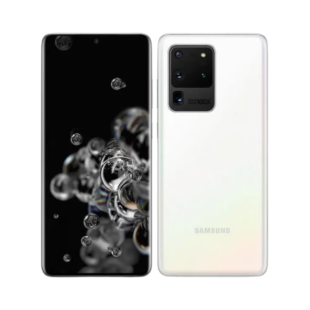 Galaxy S20 Ultra blanc vu en perspective arrière, soulignant le bloc photo proéminent et la finition brillante. iTelier Lyon : remplacement vitre arrière, module photo, port de charge. Service local rapide et garantie pièces Samsung.