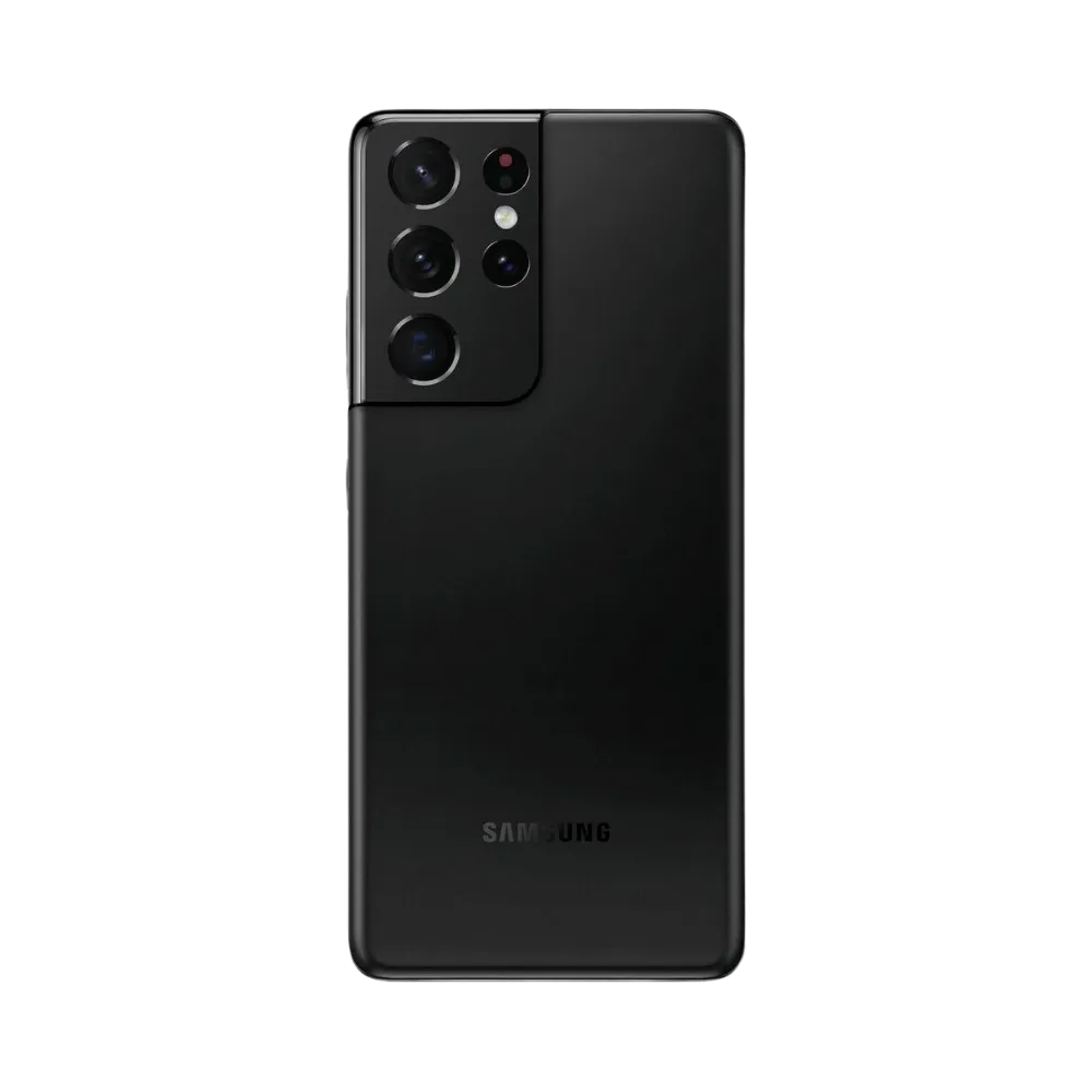 Arrière du Galaxy S21 Ultra 5G noir avec finition mate et large bloc photo rectangulaire à quatre capteurs. Atelier iTelier Lyon : réparation vitre arrière, caméra endommagée, lentille rayée, batterie. Diagnostic complet gratuit à Lyon 6.