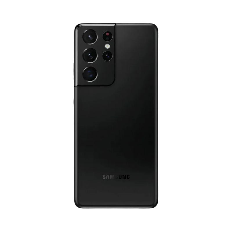 Arrière du Galaxy S21 Ultra 5G noir avec finition mate et large bloc photo rectangulaire à quatre capteurs. Atelier iTelier Lyon : réparation vitre arrière, caméra endommagée, lentille rayée, batterie. Diagnostic complet gratuit à Lyon 6.