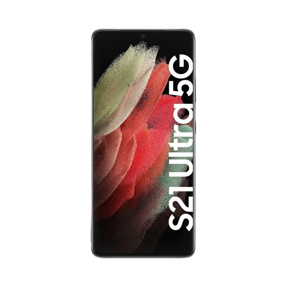 Vue avant du Galaxy S21 Ultra 5G noir avec dalle AMOLED bord à bord et poinçon central. Service iTelier Lyon : remplacement écran cassé, tactile hors service, nappe interne. Réparation rapide garantie 1 an, dépôt local ou envoi sécurisé.