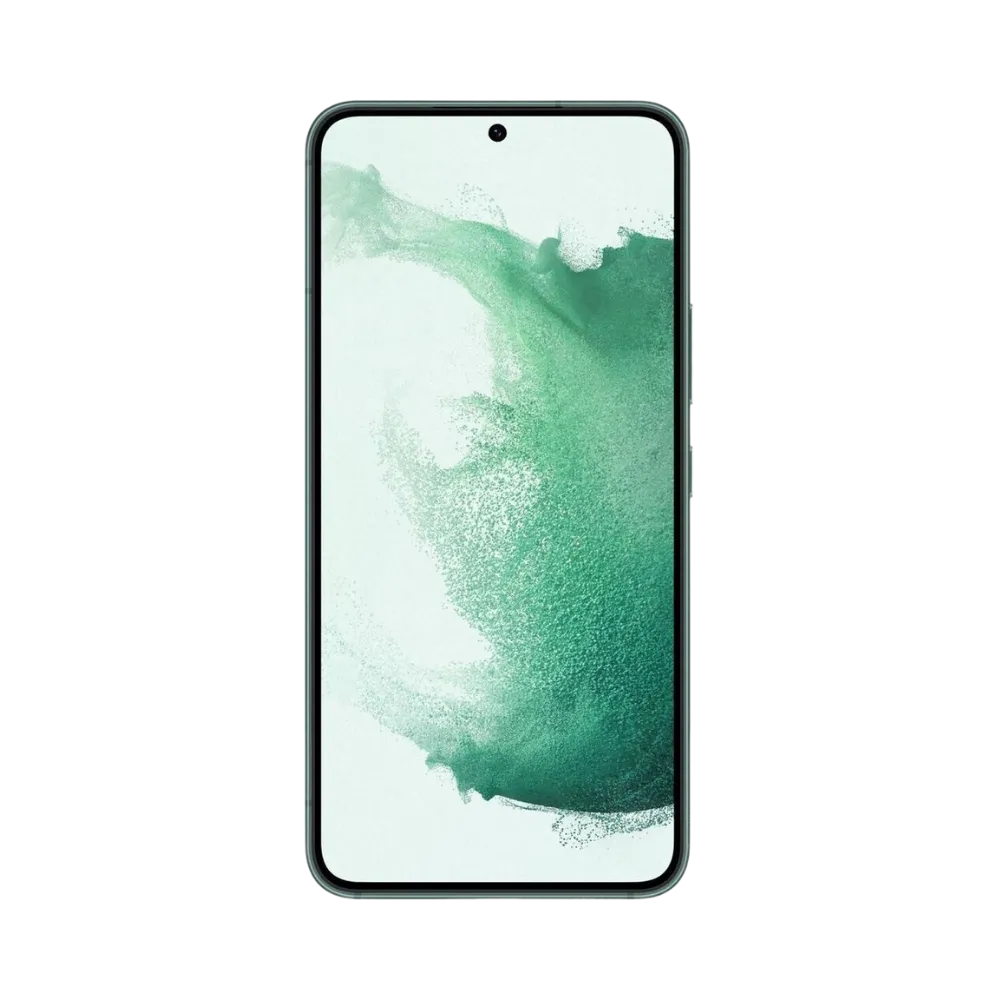 Vue de face du Galaxy S22 vert avec dalle AMOLED et poinçon central discret. Réparations iTelier Lyon : remplacement écran fissuré, tactile hors service, nappe interne. Intervention express avec pièces Samsung garanties 1 an.