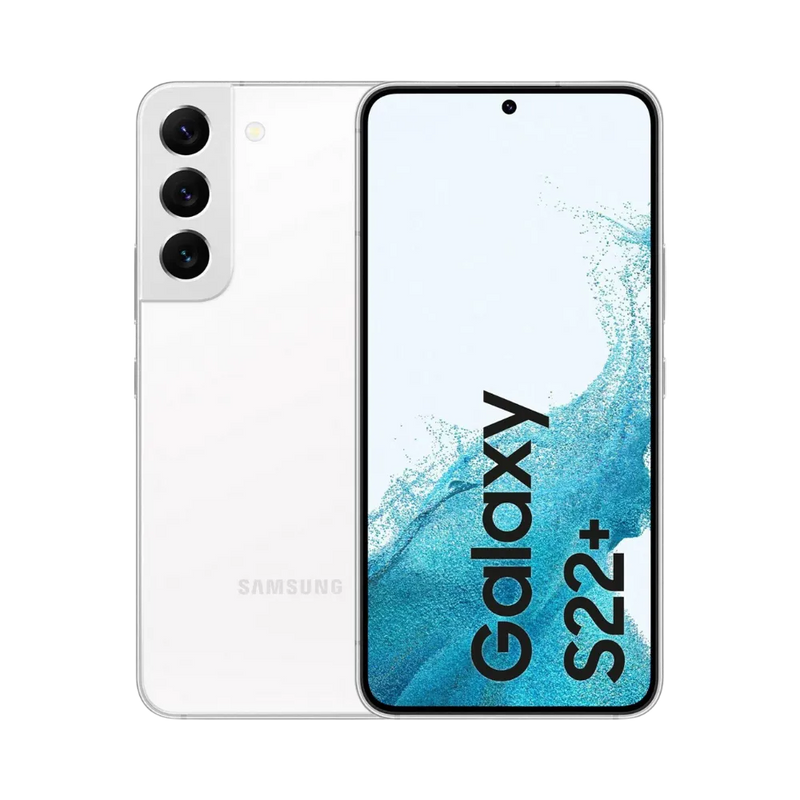 Samsung Galaxy S22+ blanc, affiché de face avec écran AMOLED (fond bleu océan) et de dos avec triple capteur aligné verticalement. Réparations iTelier Lyon : changement écran d’origine, remplacement vitre arrière, diagnostic offert en boutique ou par correspondance.