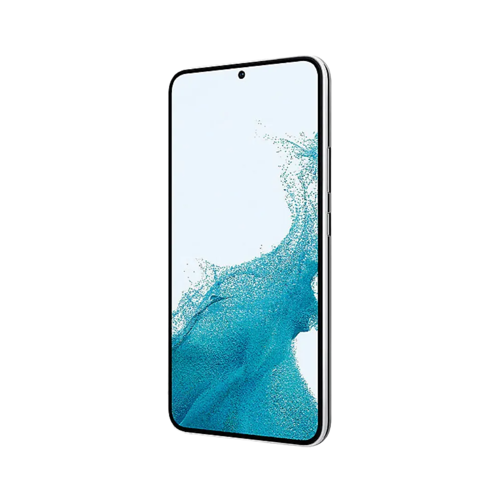 Galaxy S22+ blanc en vue oblique arrière : angles arrondis, bloc photo vertical bien visible. Réparations iTelier Lyon : vitre arrière, batterie, haut-parleur ou port de charge. Diagnostic complet gratuit, service express à Lyon 6.