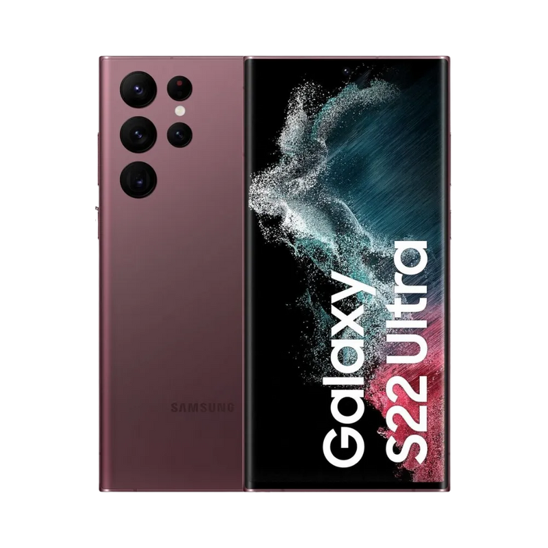 Samsung Galaxy S22 Ultra bordeaux, présenté de face (écran affichant Galaxy S22 Ultra) et de dos : quatre objectifs ronds séparés + flash, finition mate. iTelier Lyon : remplacement d’écran AMOLED, changement de batterie, remise en état de la vitre arrière. Diagnostic offert, garantie 1 an.