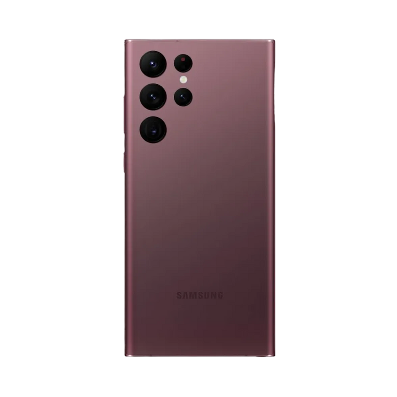 Dos du Galaxy S22 Ultra bordeaux mat, quatre capteurs circulaires indépendants avec laser AF et flash. Service iTelier Lyon : remplacement vitre arrière en verre, réparation module photo, changement batterie, port USB-C.
