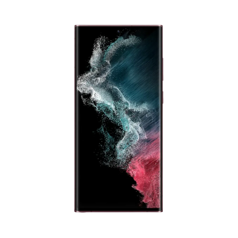 Avant du Galaxy S22 Ultra bordeaux : dalle AMOLED bord à bord avec poinçon central, fond sombre nébuleux. Prise en charge iTelier Lyon 6 : écran d’origine, tests complets, réparation rapide en boutique ou par correspondance.
