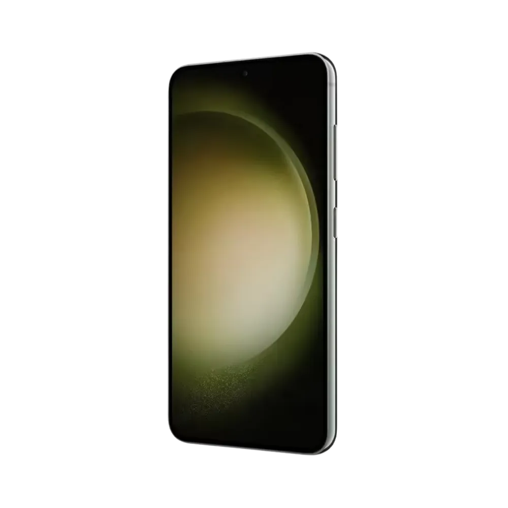 Deux Galaxy S23 verts côte à côte, l’un affichant l’écran avec marquage Galaxy S23 et l’autre son dos avec triple capteur photo. Réparation iTelier Lyon : écran AMOLED, vitre arrière, batterie et caméra. Diagnostic gratuit et service rapide garanti.