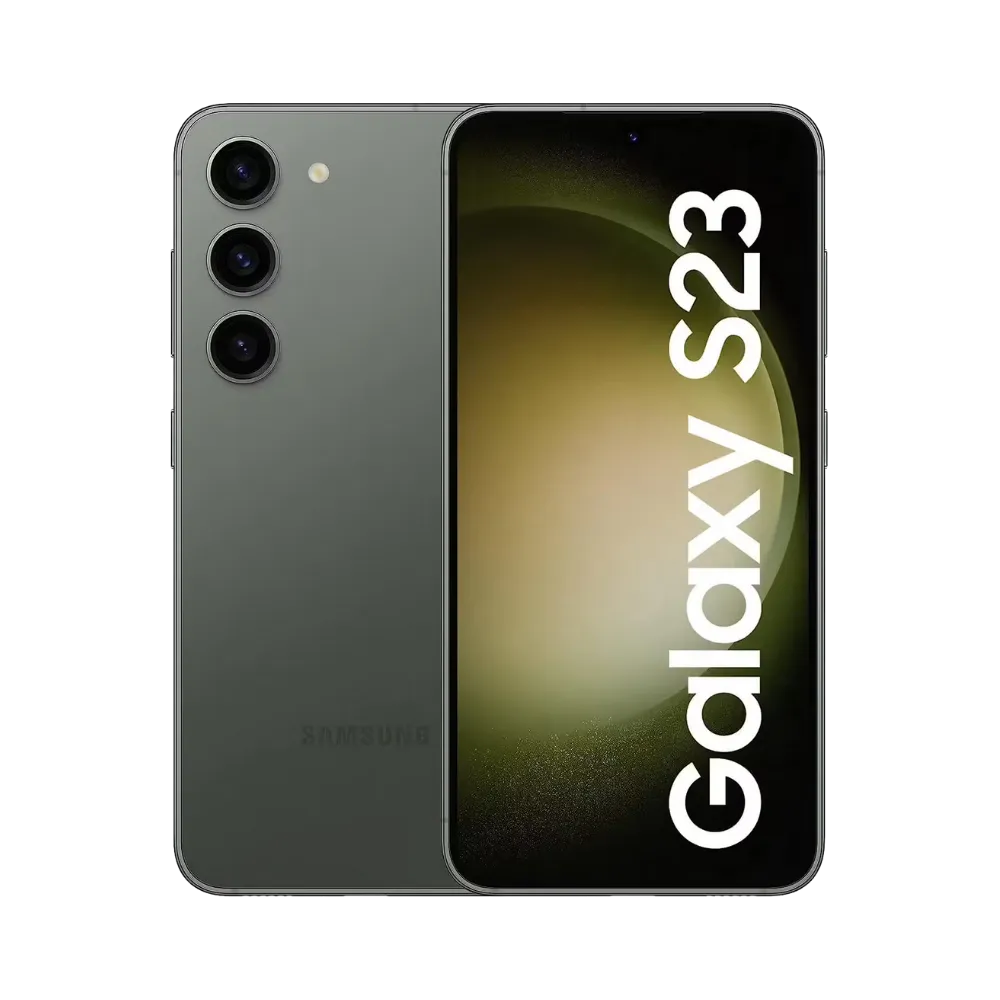 Samsung Galaxy S23 vert, affiché de face avec marquage Galaxy S23 et de dos avec triple caméra verticale. Visuel iTelier Lyon : réparation écran AMOLED, remplacement batterie usée, vitre arrière fissurée. Diagnostic gratuit et service rapide garanti.