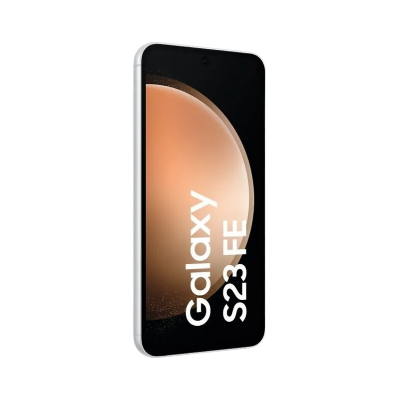 Deux Galaxy S23 FE blancs côte à côte, l’un affichant l’écran avec marquage Galaxy S23 FE et l’autre son dos avec triple caméra. iTelier Lyon : réparation écran, vitre arrière, batterie et caméra. Diagnostic gratuit et service rapide garanti.