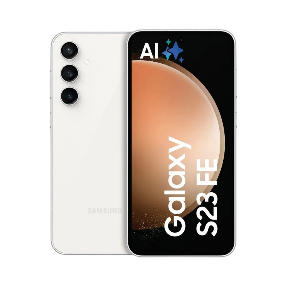 Samsung Galaxy S23 FE blanc, affiché de face avec marquage Galaxy S23 FE et de dos avec triple caméra verticale. Visuel iTelier Lyon : réparation écran AMOLED, remplacement batterie, vitre arrière abîmée. Diagnostic gratuit et service rapide garanti.